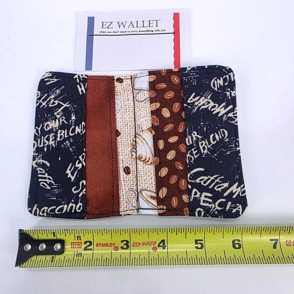 EZ Wallet Coffee Print Fabric Slim Bifold Card Holder Navy Brown Barista Style - Picture 4 of 5